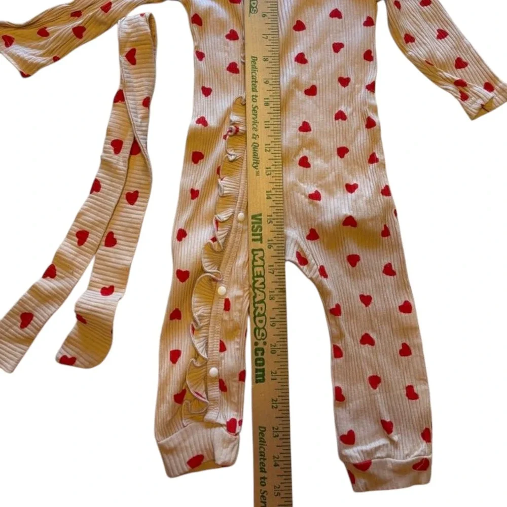 Heart Print Ruffle Romper with Belt, Long Sleeve,‎ Valentine's Day Outfit, 100